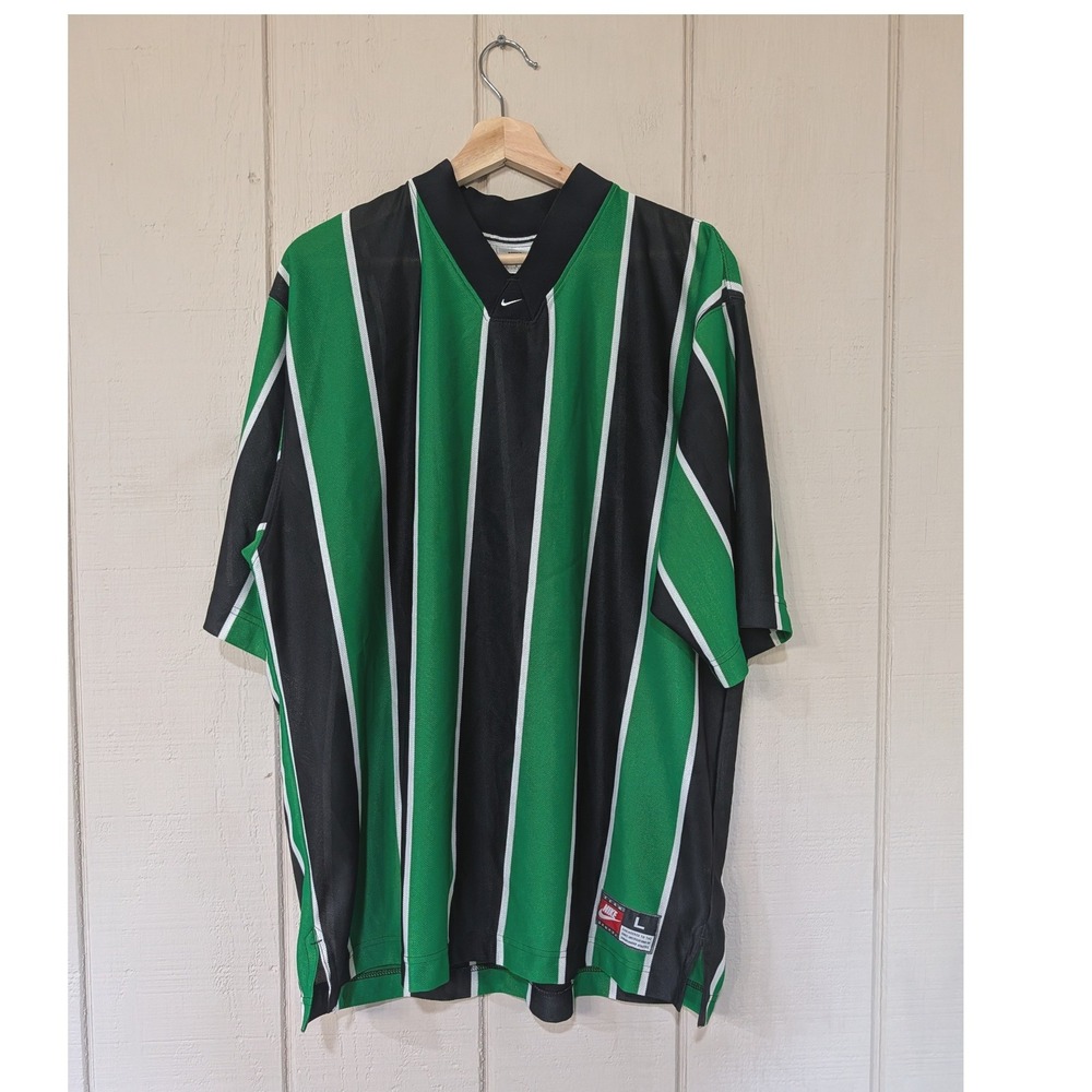 Vintage 90s Nike Team Jersey Mens Green Black Vertical Stripe V-Neck Soccer L - Picture 2 of 14